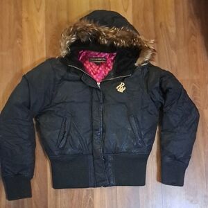 Rocawear Vintage Y2k Black Bomber Jacket with Fur Trim